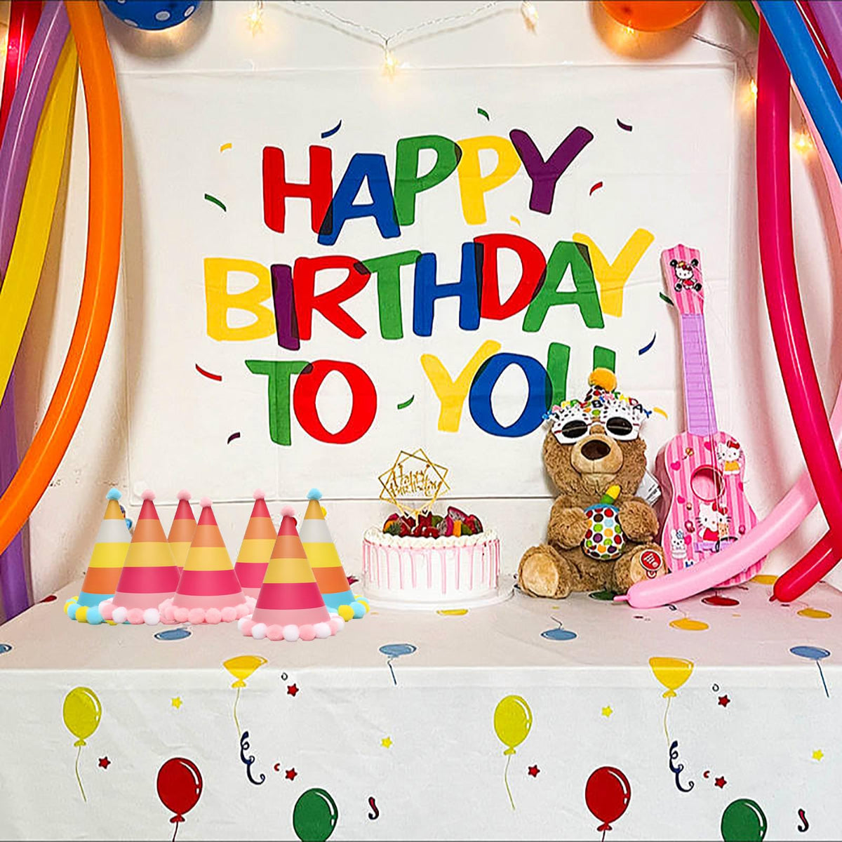 Party Hats 12-Pack Pom-Pom Birthday Celebration Party Decoration – Colourful