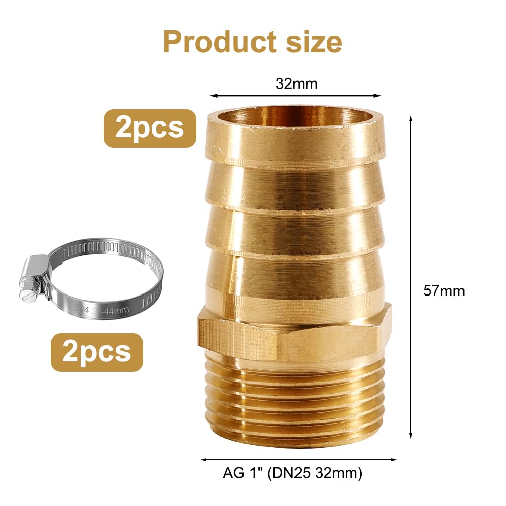 Ștuț adaptor furtun din alamă 1 inch filet exterior x 32 mm cu 2 coliere din alamă