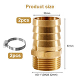 Ștuț adaptor furtun din alamă 1 inch filet exterior x 32 mm cu 2 coliere din alamă