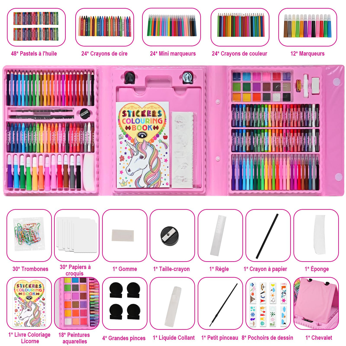 Children's 230+ Piece Colouring & Drawing Case with Oil Pastels & Watercolour Pens – Unicorn Ages 3–10