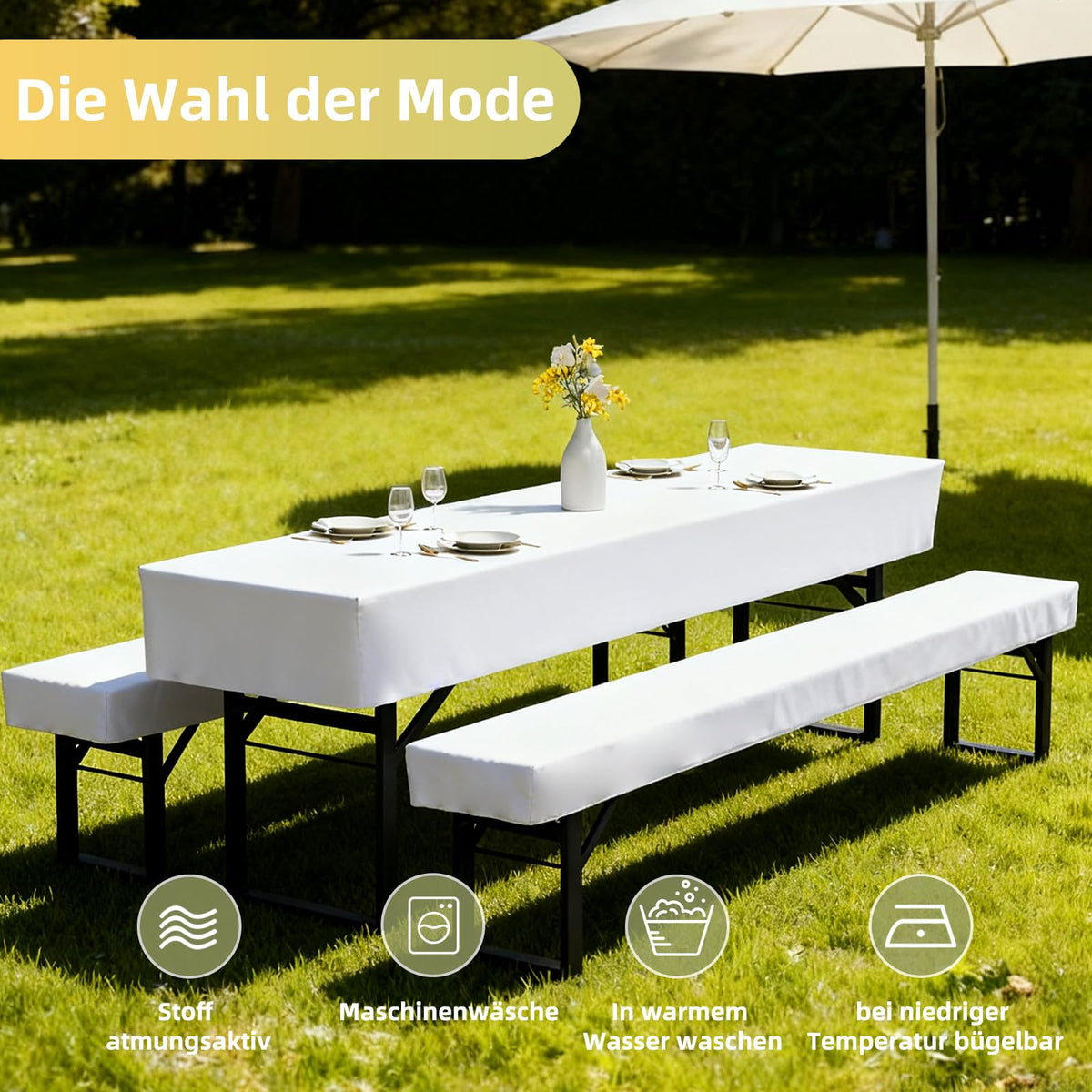 Set 3 huse lavabile din poliester pentru set berărie (masă și 2 bănci) 220x50 cm – Alb