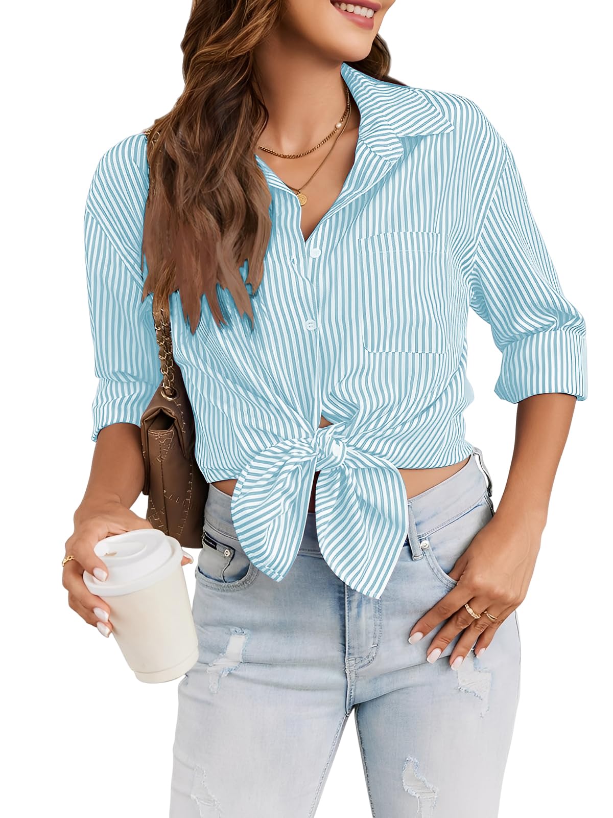 Women's Striped Collared Blouse Tunic Oversized Button Placket – Blue L