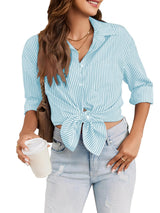 Women's Striped Collared Blouse Tunic Oversized Button Placket – Blue L