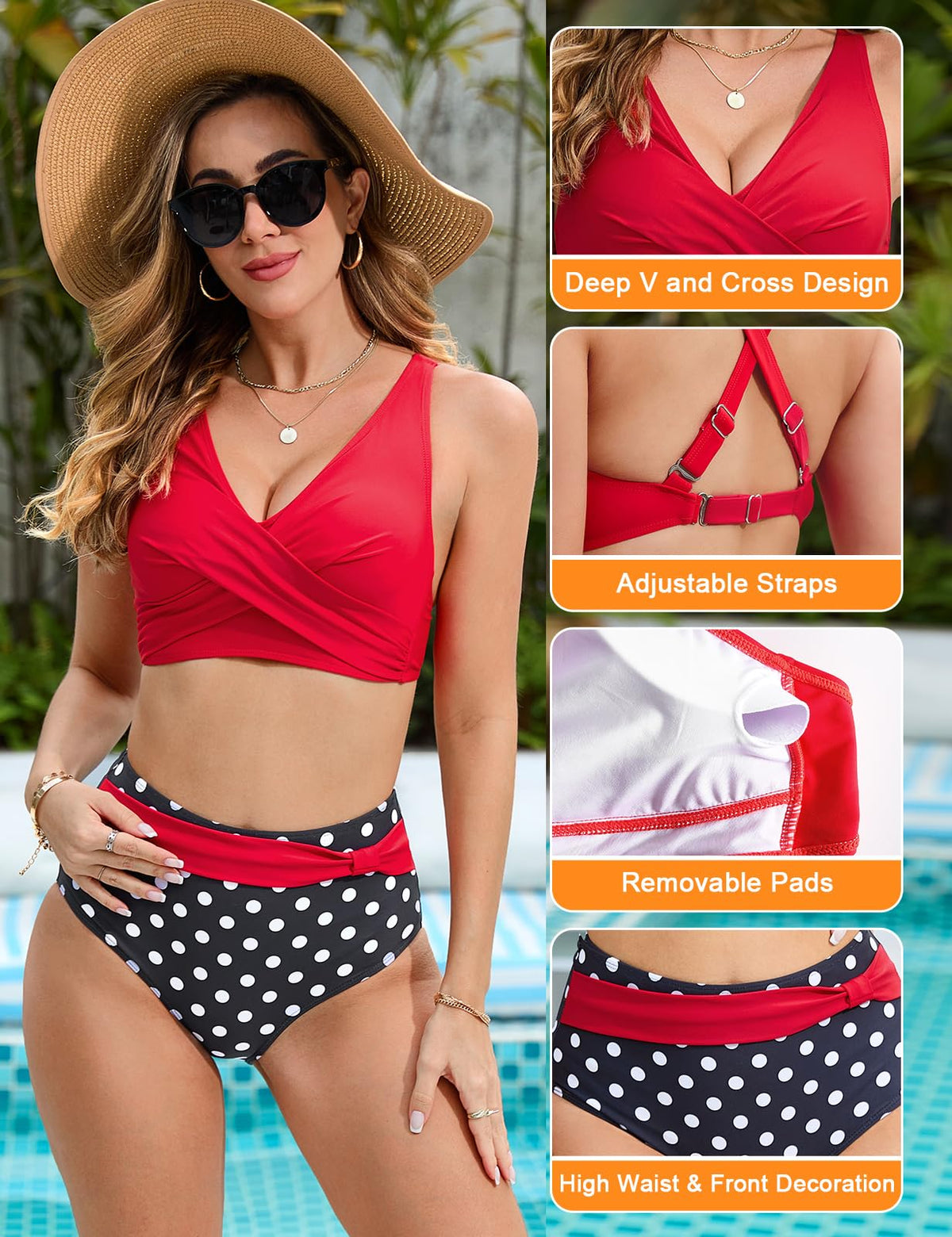 UMIPUBO Bikini Women's Set Tummy Control Large Breasts High Waist Push Up Bikinis Crossed V Neck Sexy Swimwear Tummy Control Swimsuit Beach Bikini (Red, XL)
