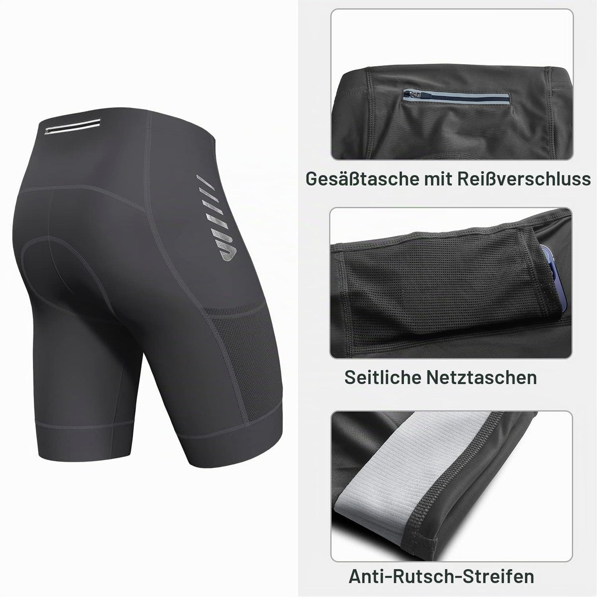 Men's Cycling Shorts 4D Padded Quick-Dry Reflective Stripes – Grey S