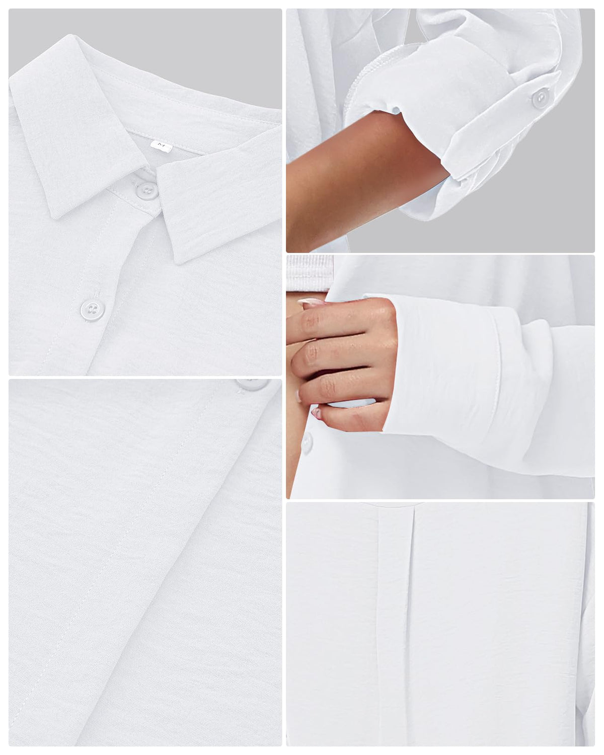Women's V-Neck Long Sleeve Button-Down Blouse Roll-Up Casual Shirt – White M