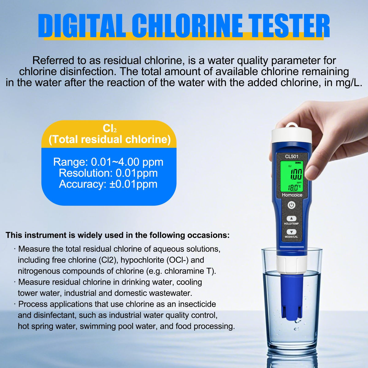 Water Quality Tester 5-in-1 pH Chlorine ORP Temperature – Handheld