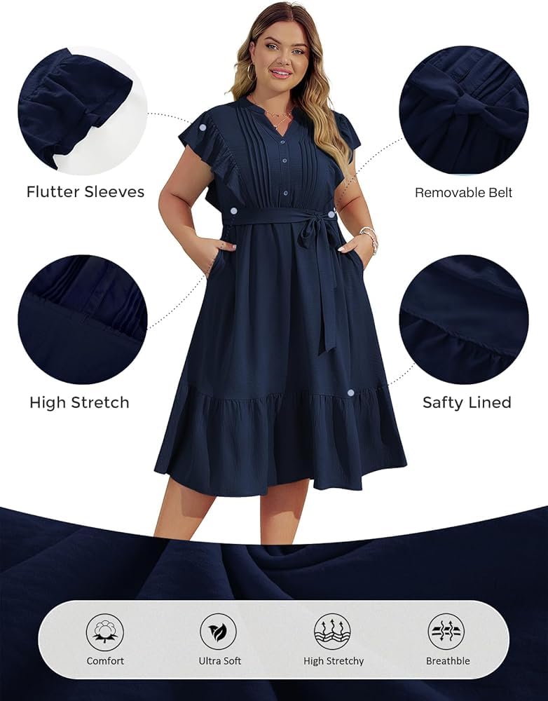 Women's Plus Size Midi Dress V-Neck Button Placket A-Line with Belt – Navy 46