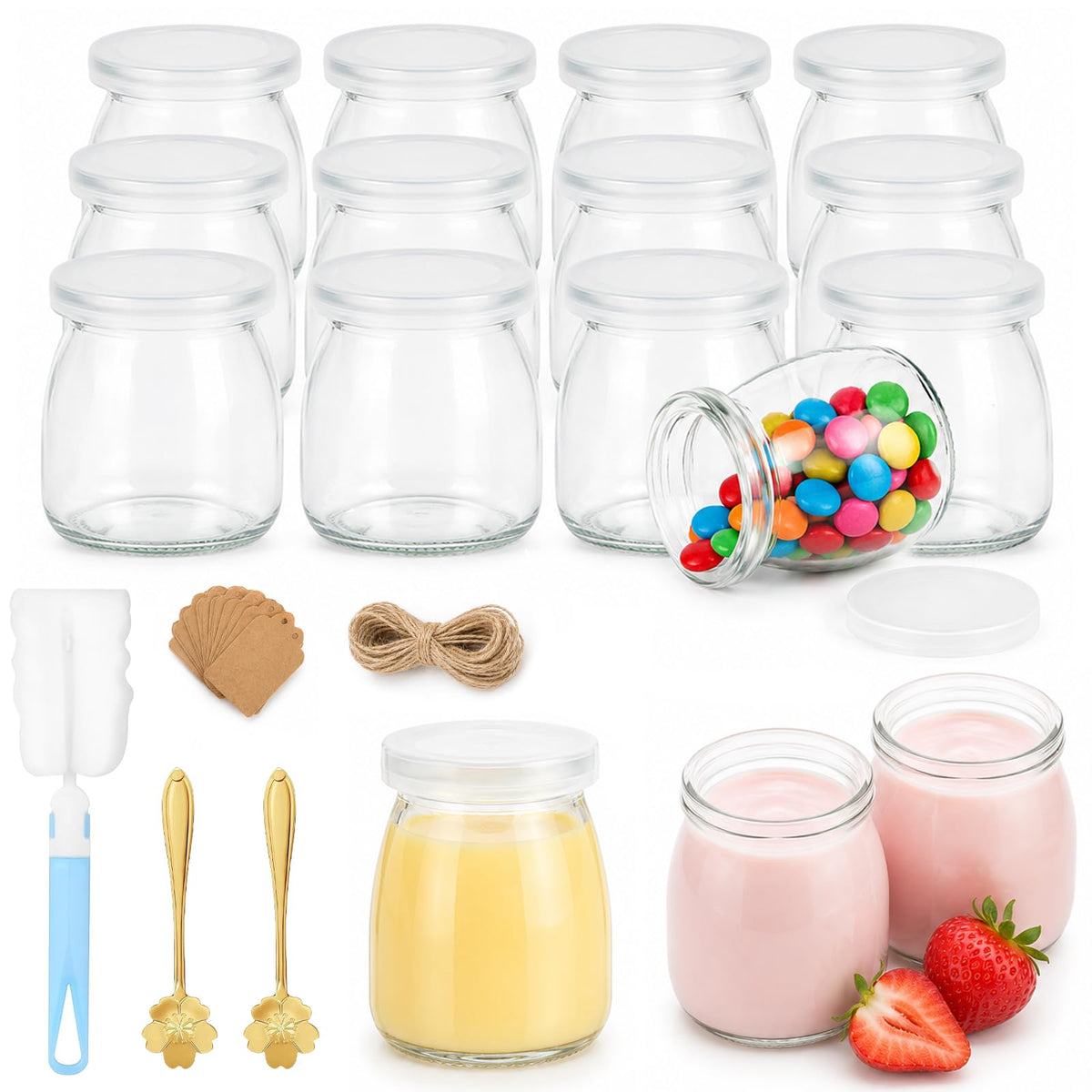 Dessert Jars 12-Pack 200ml with Lids Spoons & Labels - Clear