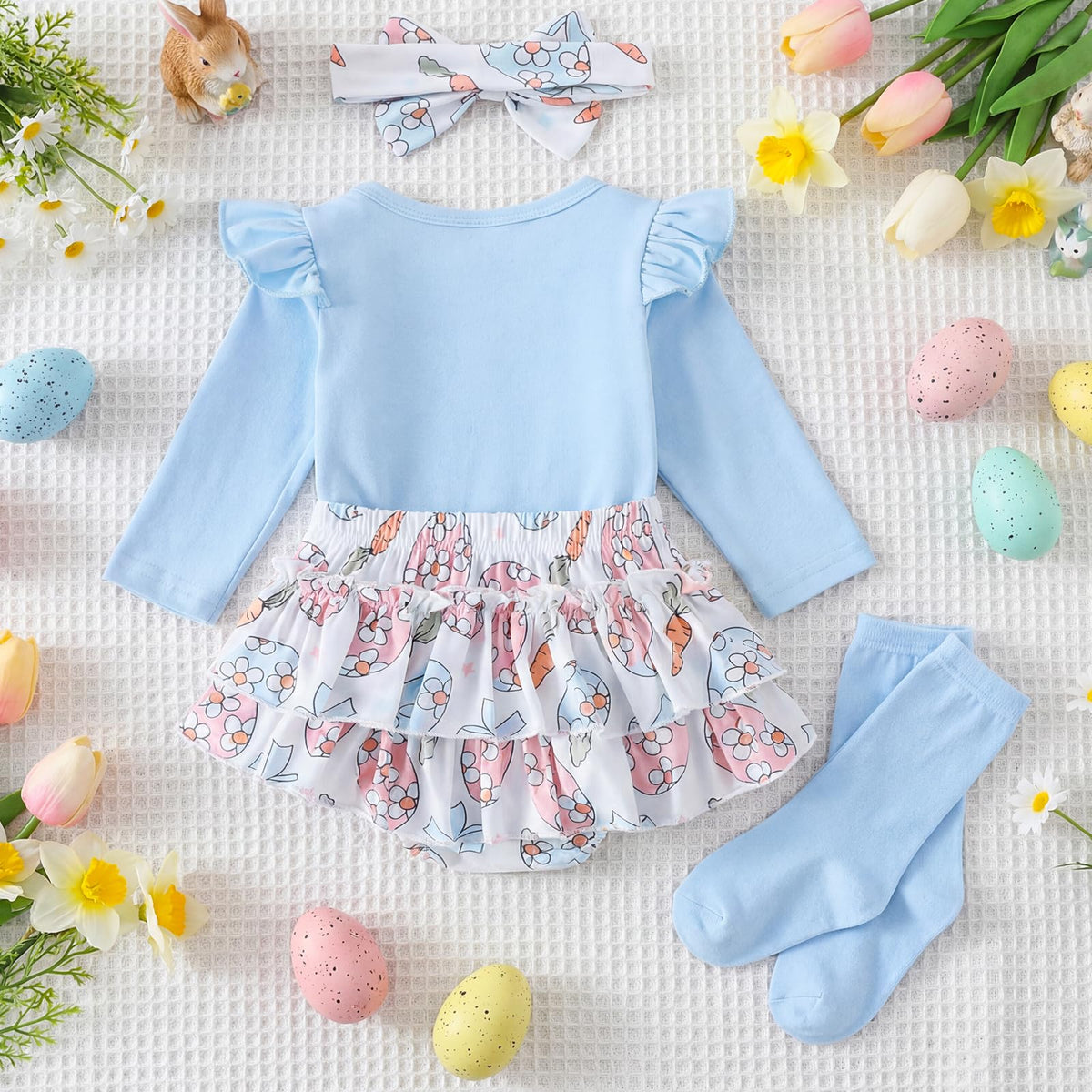 Baby Girl 0-3 Months Ruffled Romper & Tutu Outfit with Headband Photoshoot Set – Blue
