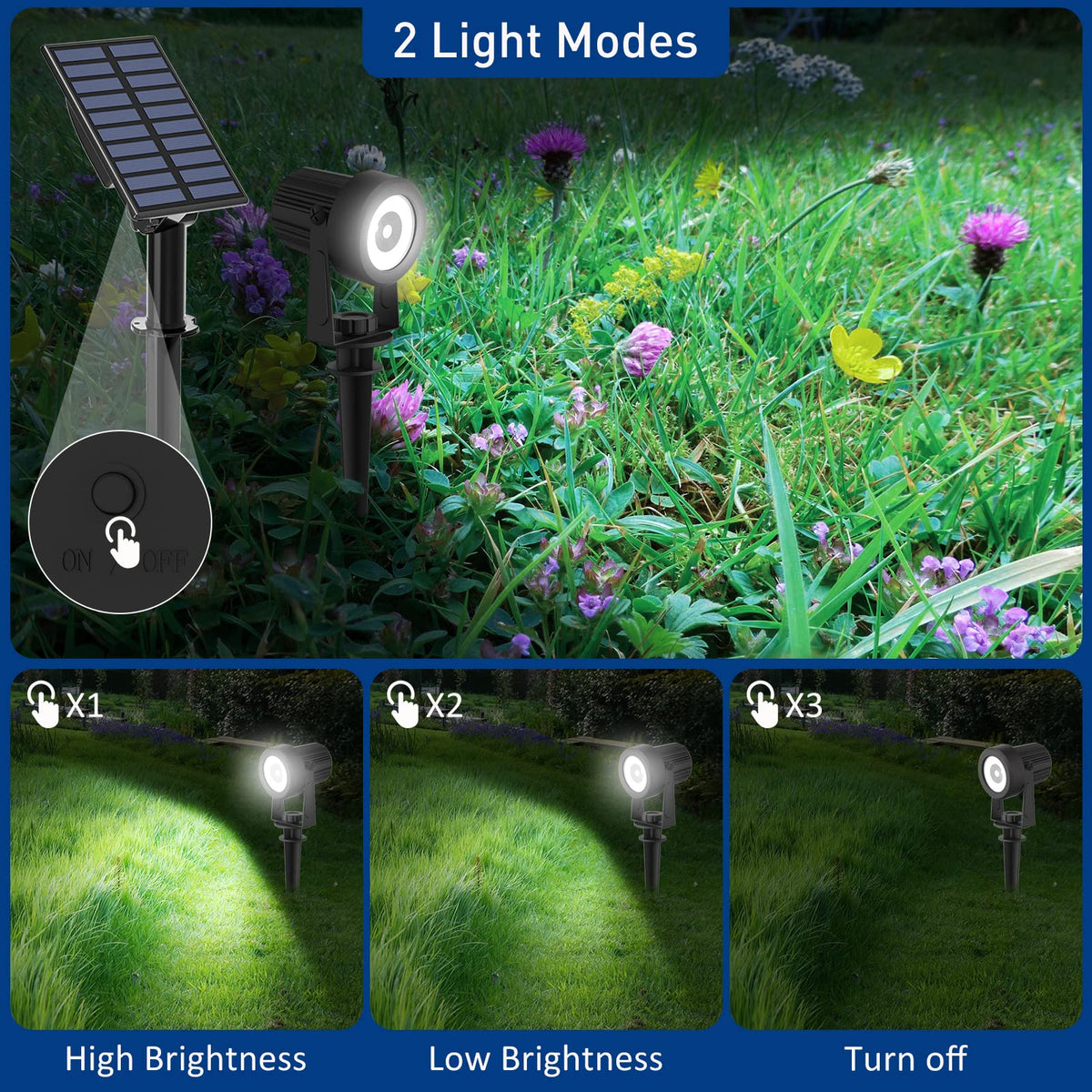 T-SUNUS Solar Garden Light, Garden Spotlight Solar Solar Spotlight for Outdoor Garden Auto On/Off IP65 Waterproof Solar Lamps for Outdoor 2 Brightness Modes Driveway Path Swimming Pool Cold White