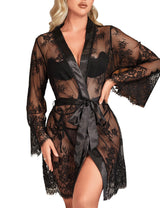 Negligee Women Sexy Large Sizes Lace Kimono Bathrobe Short Beach Lingerie Women Sexy Underwear Curvy Bride Dressing Gown Babydoll Bride Nightwear Transparent Nightdress (Black, XL-XXL)