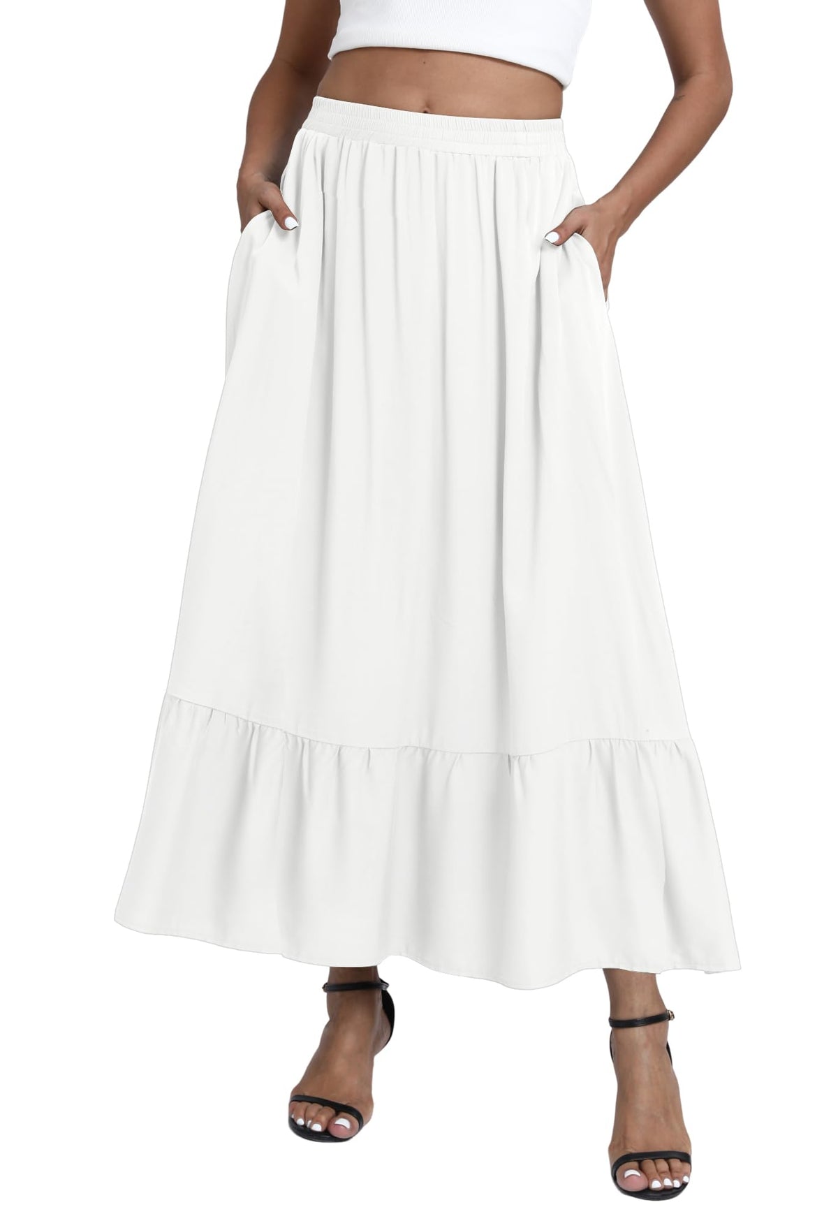 Women's Boho Ruffled A-Line Maxi Skirt Elastic Waist with Pockets – White S