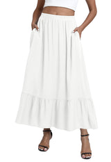 Women's Boho Ruffled A-Line Maxi Skirt Elastic Waist with Pockets – White S