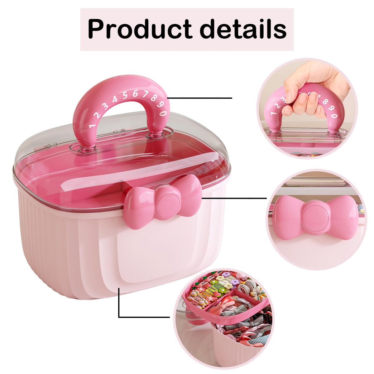 Hair Tie Storage Box with Handle 3-Tier Organizer for Kids Accessories - Pink
