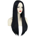 Women's Long Straight Black Wig with Necklace – Addams Costume Halloween