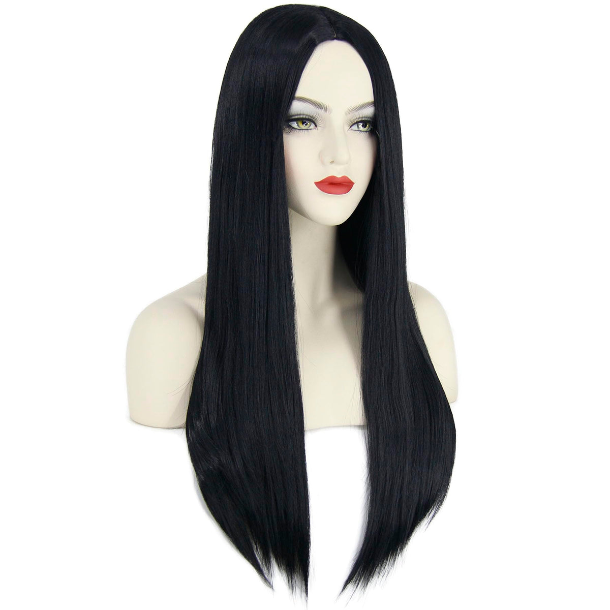 Women's Long Straight Black Wig with Necklace – Addams Costume Halloween