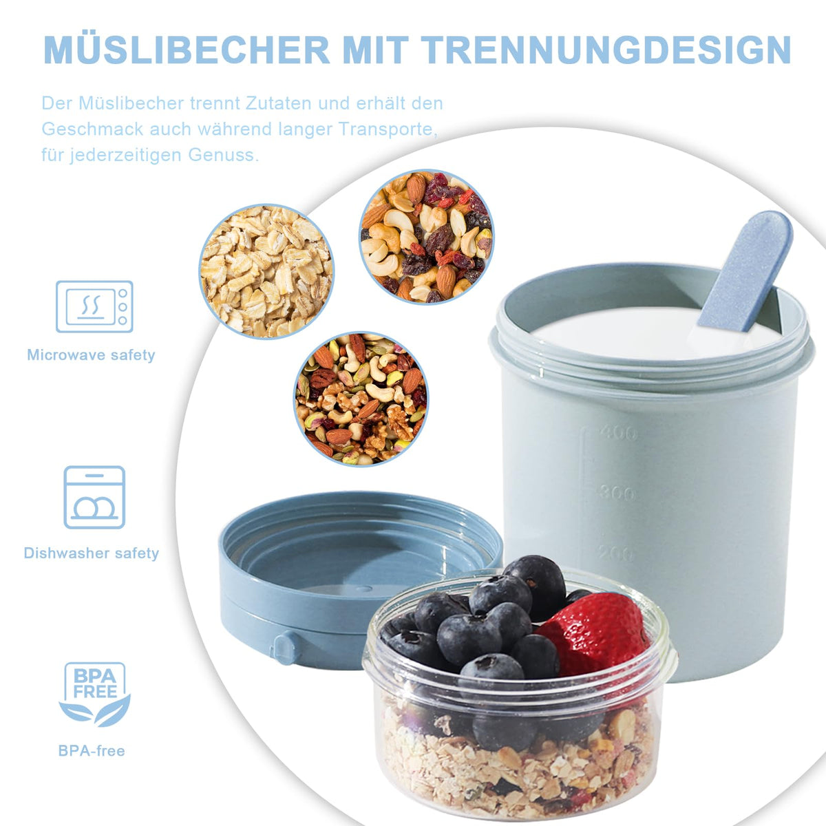 Muesli Cup to Go 450ml+250ml Leak-Proof with Spoon – Nordic Blue