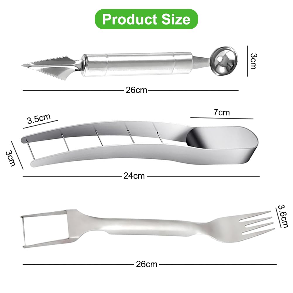 Set 3 ustensile din inox pentru tăiat și servit pepene cu furculiță – Argintiu