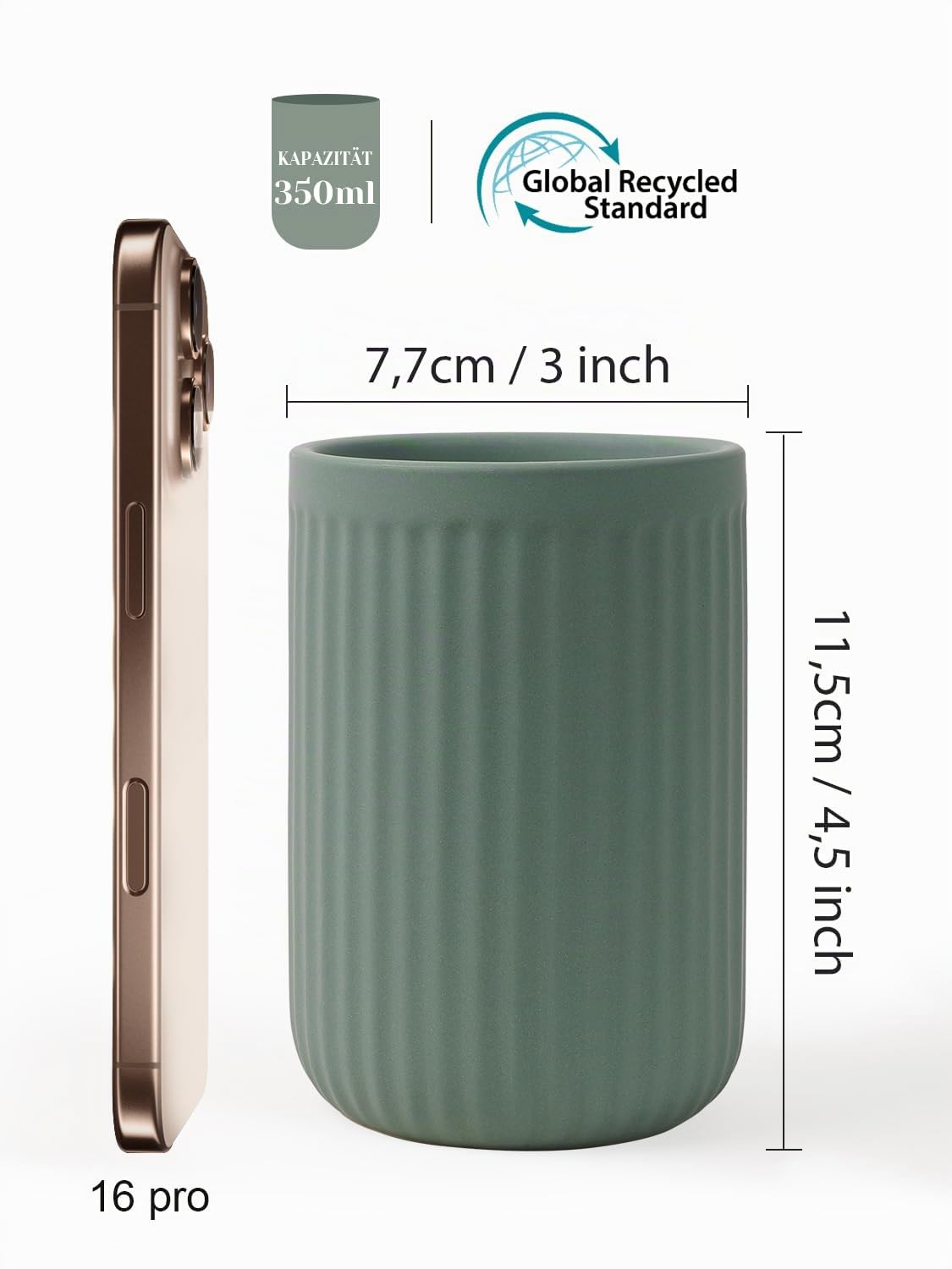 Ceramic Toothbrush Holder 350ml Striped Matte Bathroom Cup – Green