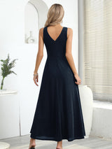 Rochie lungă de seară elegantă petrecută cu decolteu în V și crăpătură – Bleumarin XS