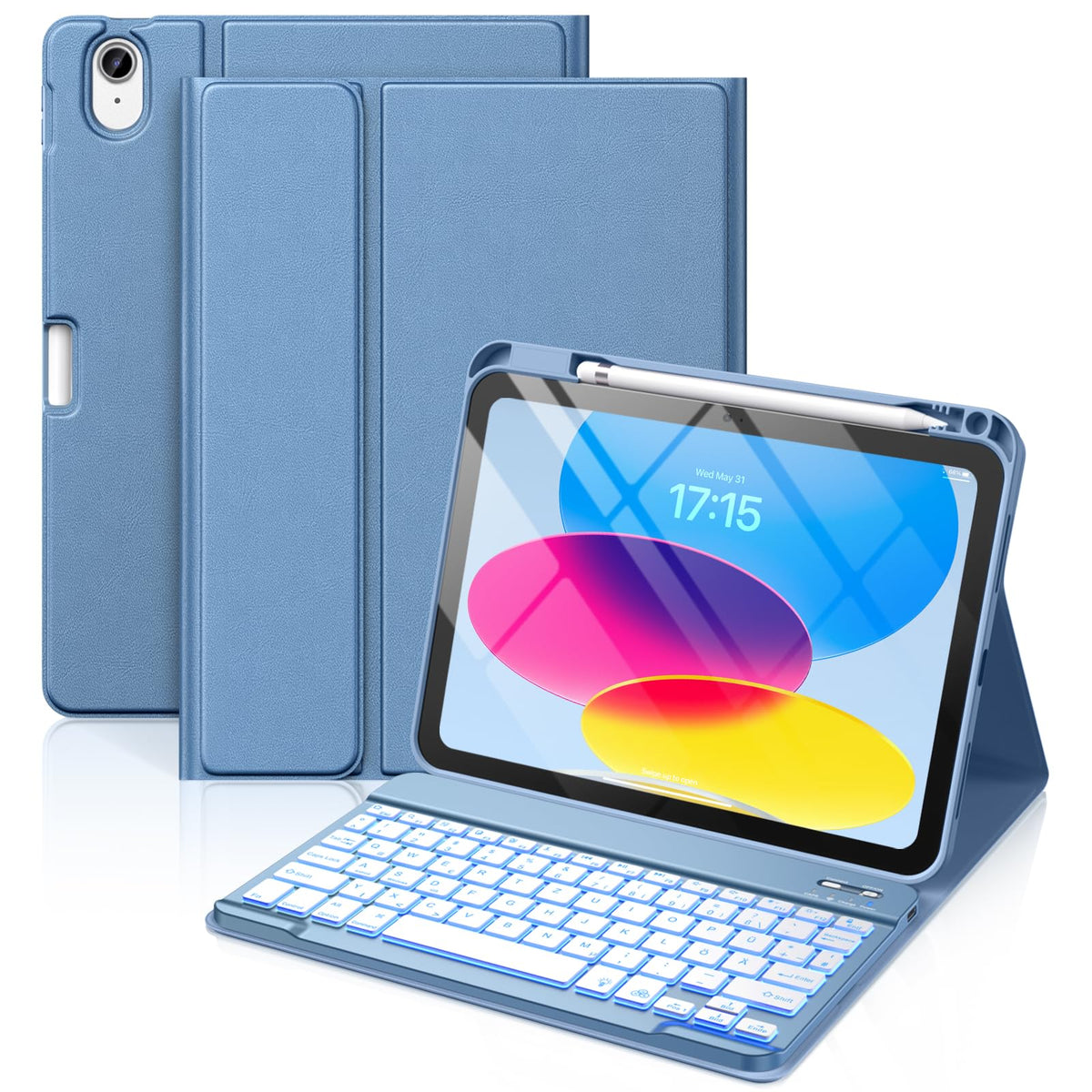 Vobafe iPad 10th Generation Case with Keyboard 10.9 inch 2022-7 Colors Backlit Wireless Detachable Folio Keyboard Case with Pen Holder for New iPad 10th Generation, Blue
