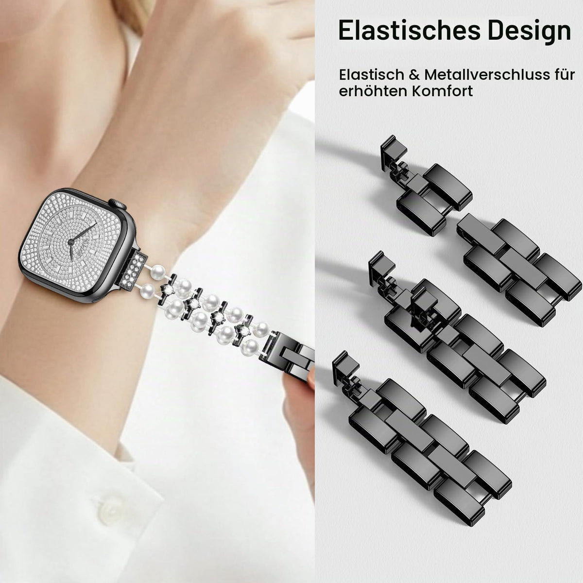 Apple Watch Beaded Metal Bracelet Adjustable Slim Band – Black 38/40/41/42/44mm