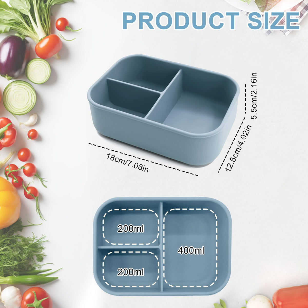 Silicone Lunch Box 800 ml 3 Compartments BPA-Free Microwave & Dishwasher Safe – Dusty Sky Blue