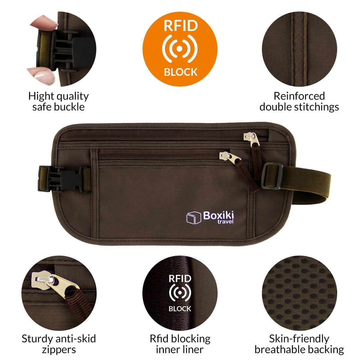 Boxiki Travel RFID Blocking Passport Holder Slim Money Belt – Brown