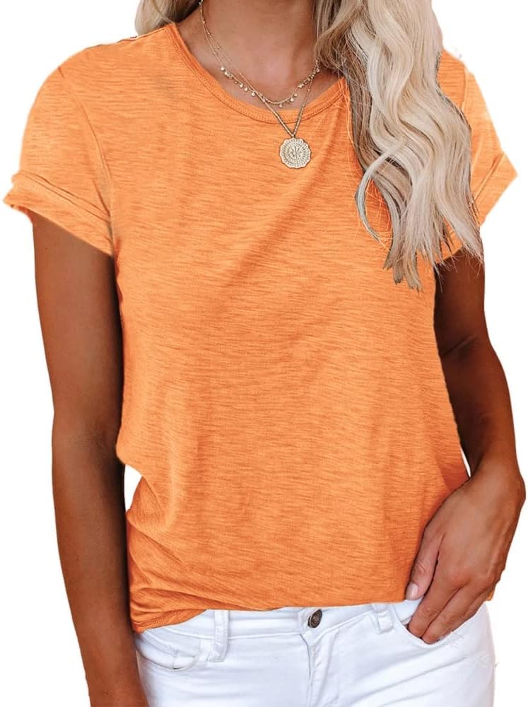 Tricou simplu casual din bumbac pentru damă cu decolteu rotund – Portocaliu S