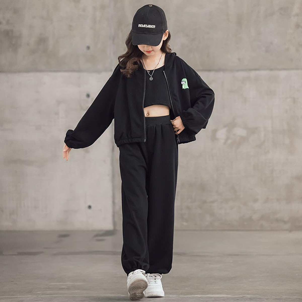 Girls' 3-Piece Jogging Suit Jacket, Pants & Crop Top – Black 116
