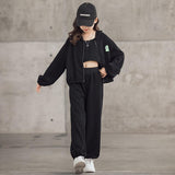 Girls' 3-Piece Jogging Suit Jacket, Pants & Crop Top – Black 116