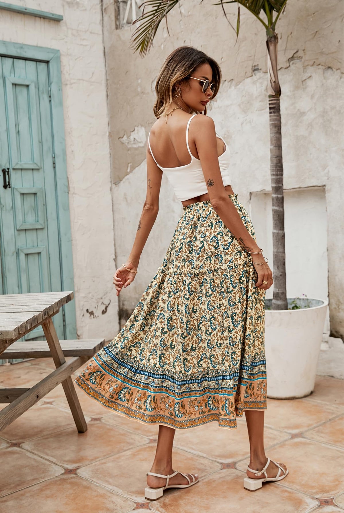 Women's Boho Elastic Waist Midi Skirt Floral with Drawstring Casual Flowy – Beige S