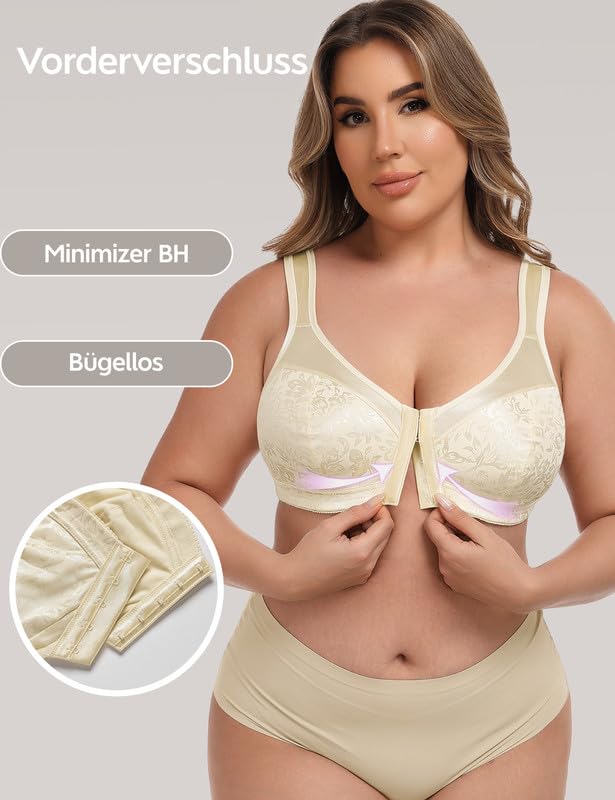 Minimizer Wireless T-Shirt Bra Front Closure Strong Support Plus Size – Beige 90B