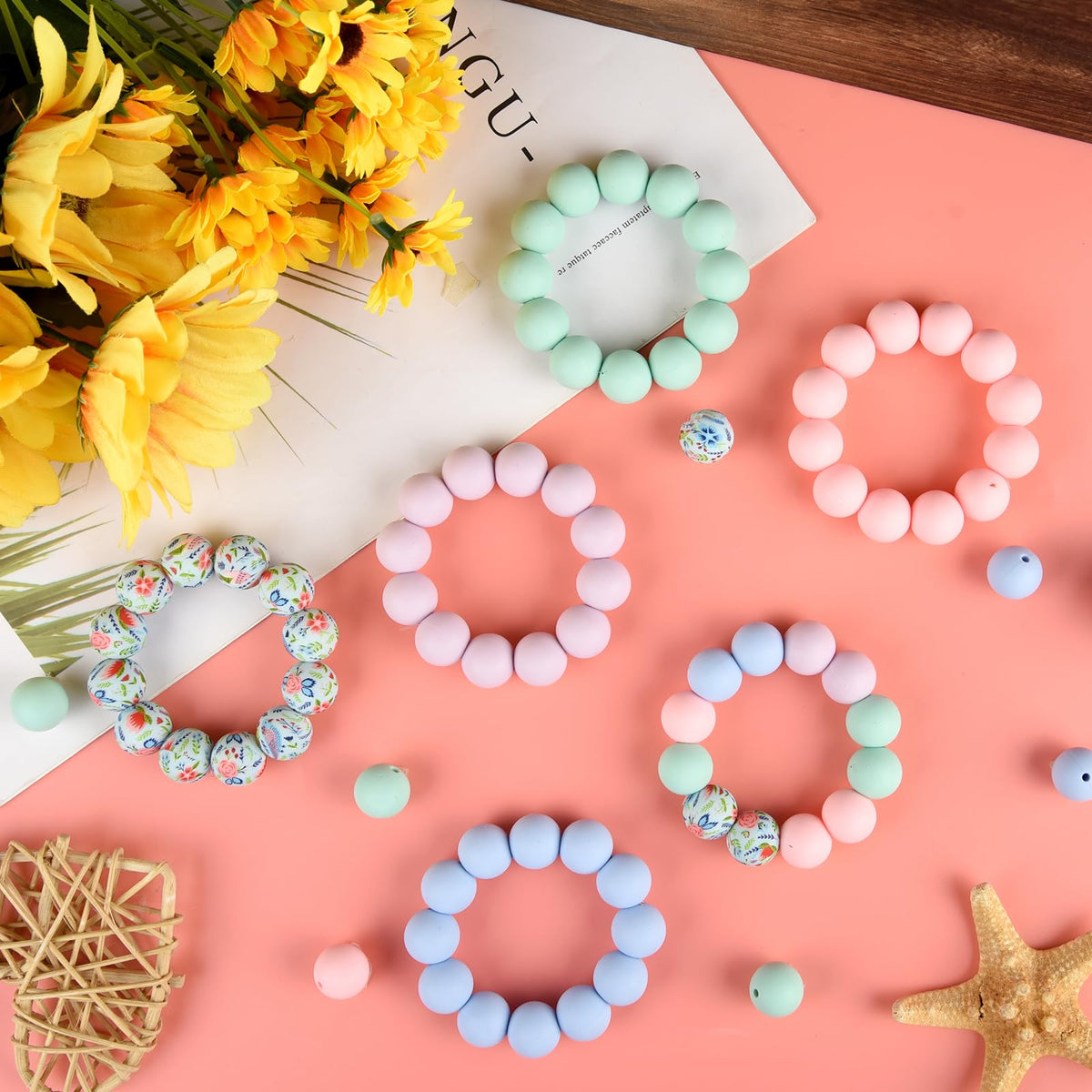 Mărgele rotunde din silicon 15 mm pentru brelocuri și brățări DIY, set 100 bucăți – Roz/Mov/Bleu