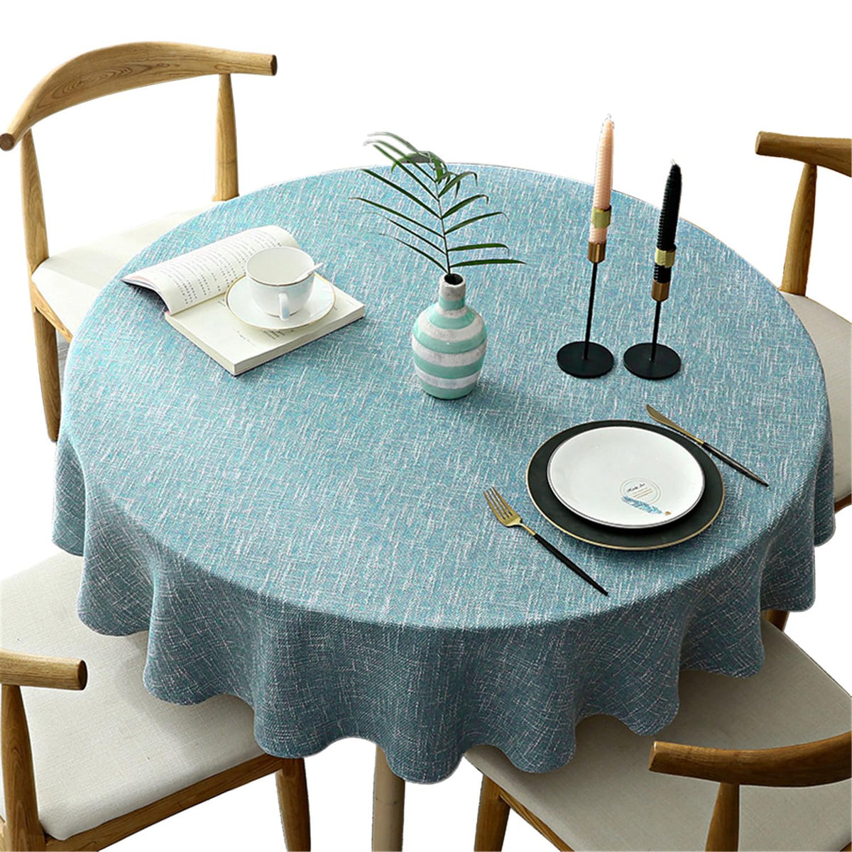 Heavyweight Round Cotton-Linen Tablecloth 180 cm – Light Blue