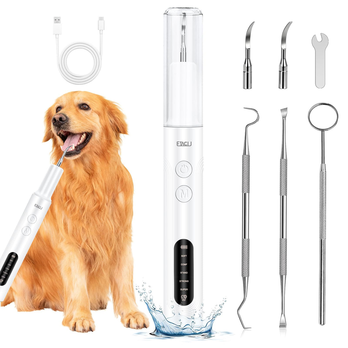 Ultrasonic Pet Dental Cleaner 5 Modes Sensor USB-C IPX6 Waterproof – White