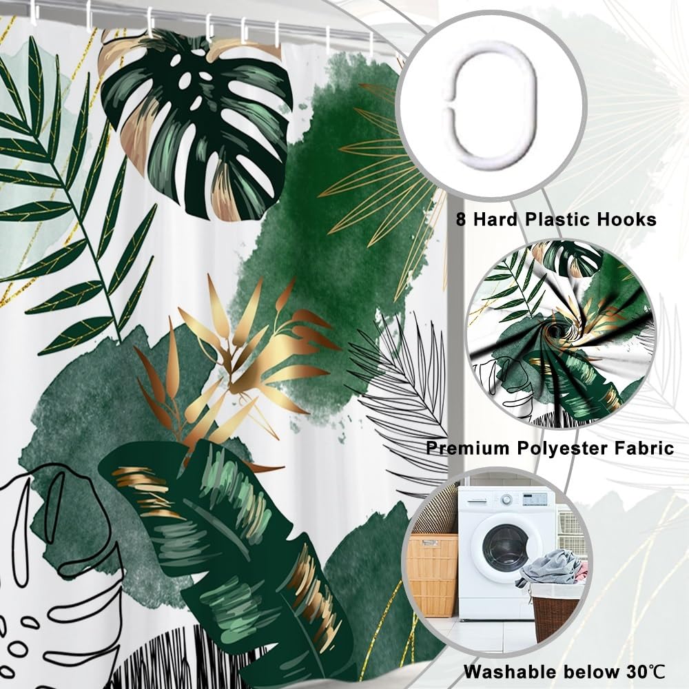 Shower Curtain 120x180cm Tropical Jungle Palm Leaves Waterproof Anti-Mould – Green