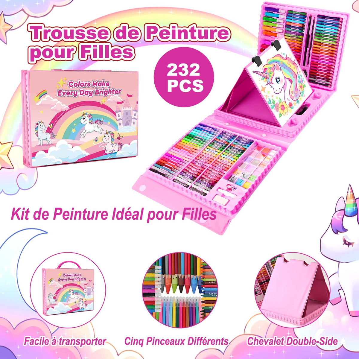 Children's 230+ Piece Colouring & Drawing Case with Oil Pastels & Watercolour Pens – Unicorn Ages 3–10