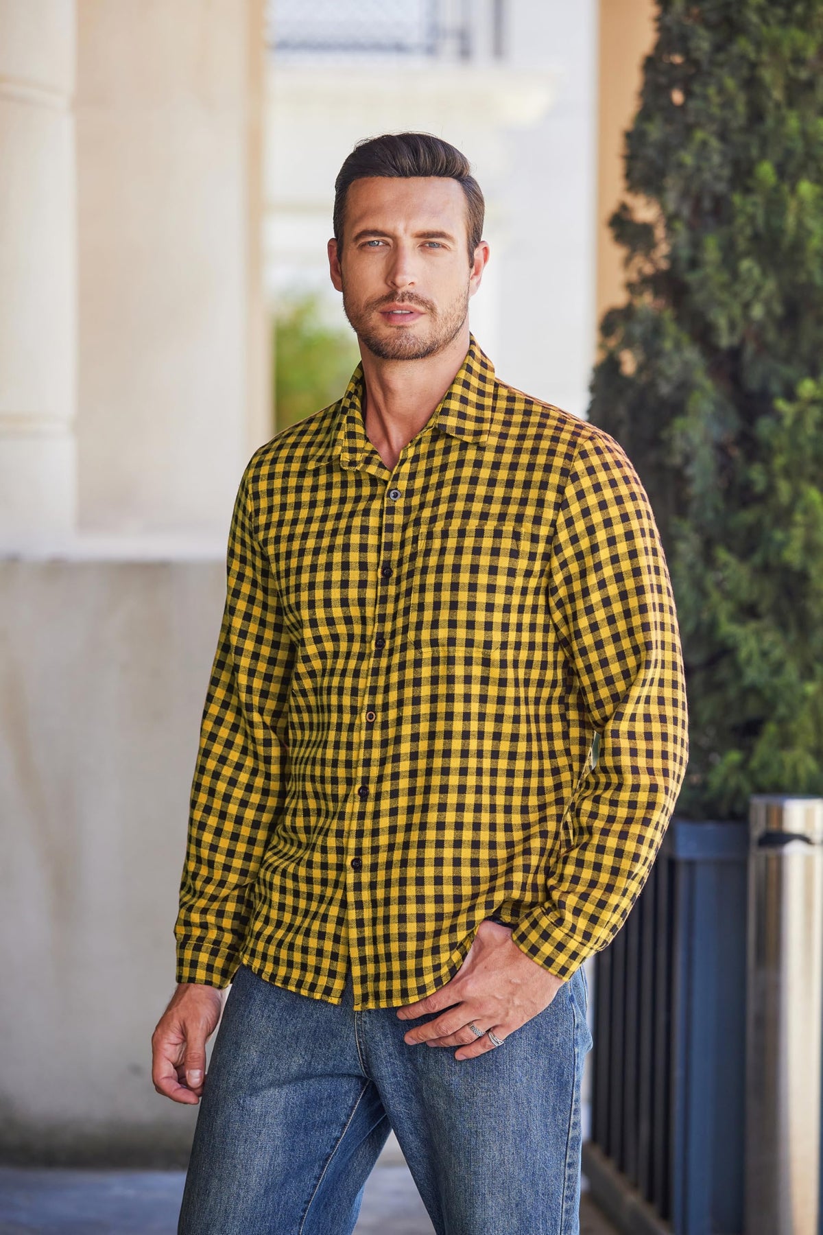 Men’s Long Sleeve Flannel Checked Shirt Cotton Lumberjack Casual – Black/Yellow M