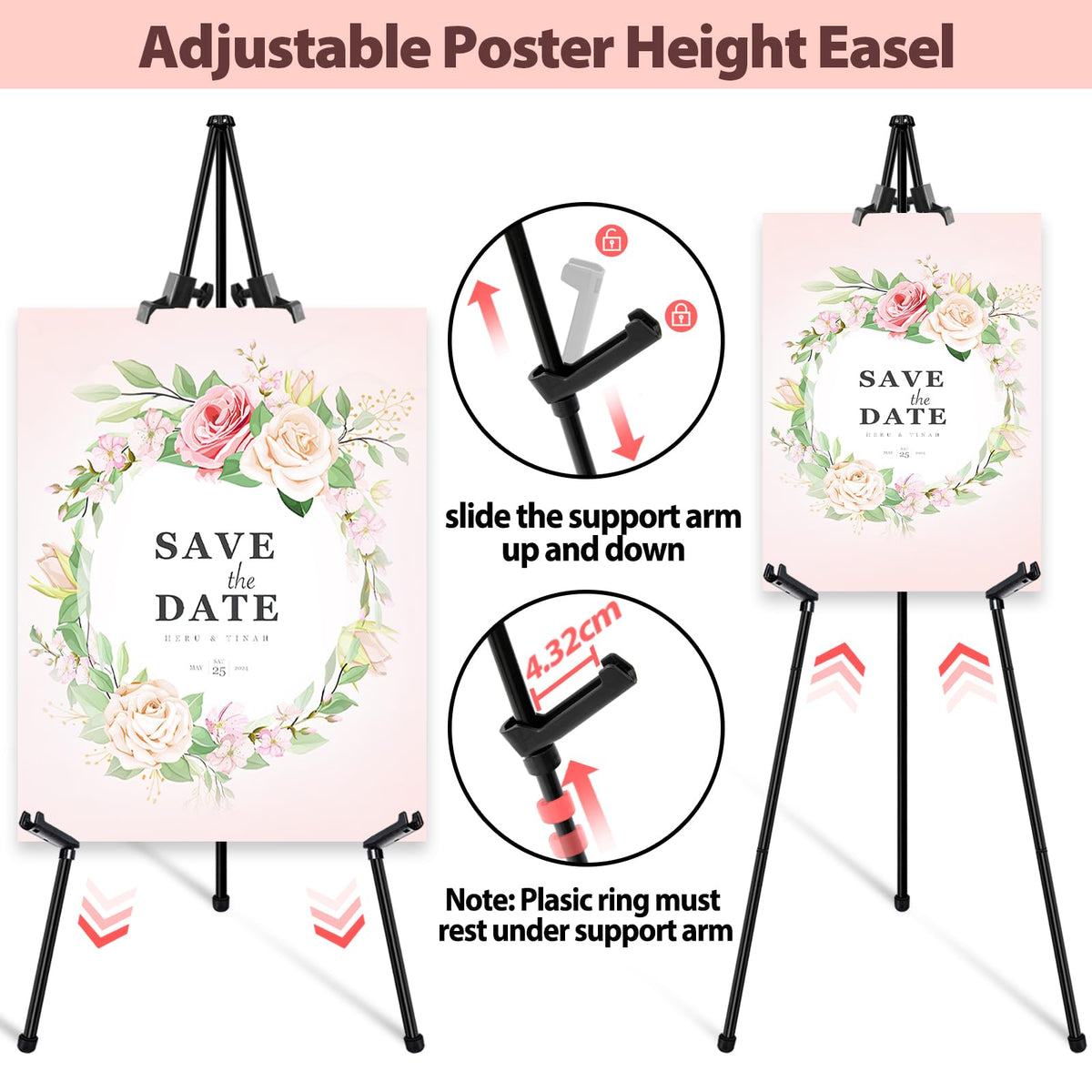 VAIIGO Metal Easel 168cm, Foldable & Height-Adjustable - Poster Easel Stand with Clamps for Weddings/Poster Displays with Bag (Black 01, 1 Piece)