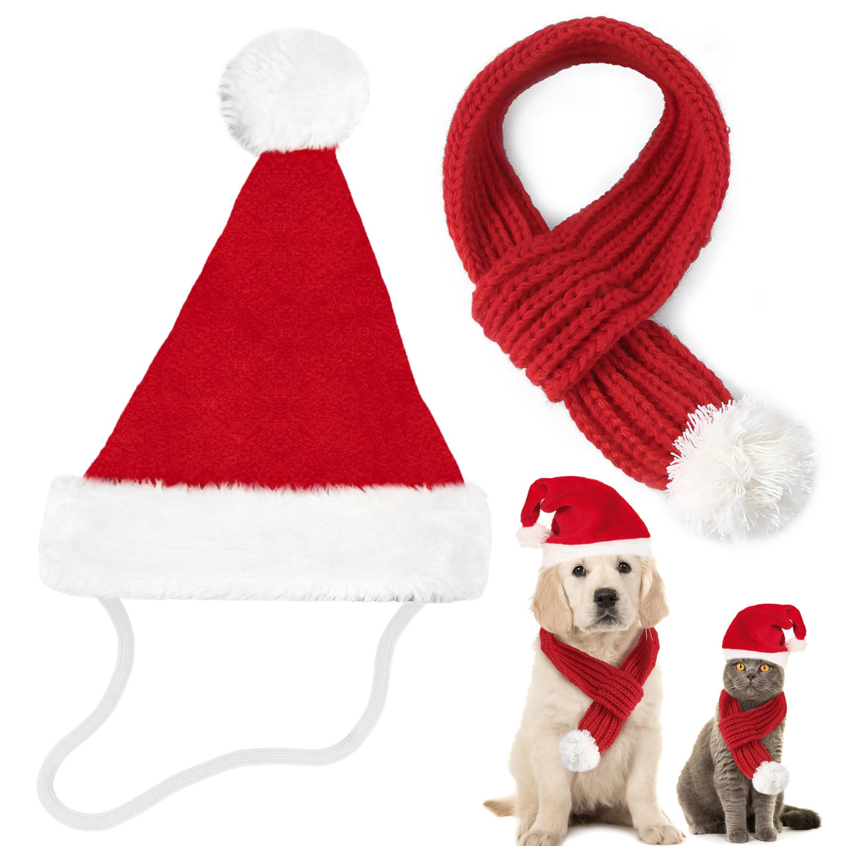 Costum festiv de Crăciun pentru animale mici cu căciuliță și fular – Roșu S