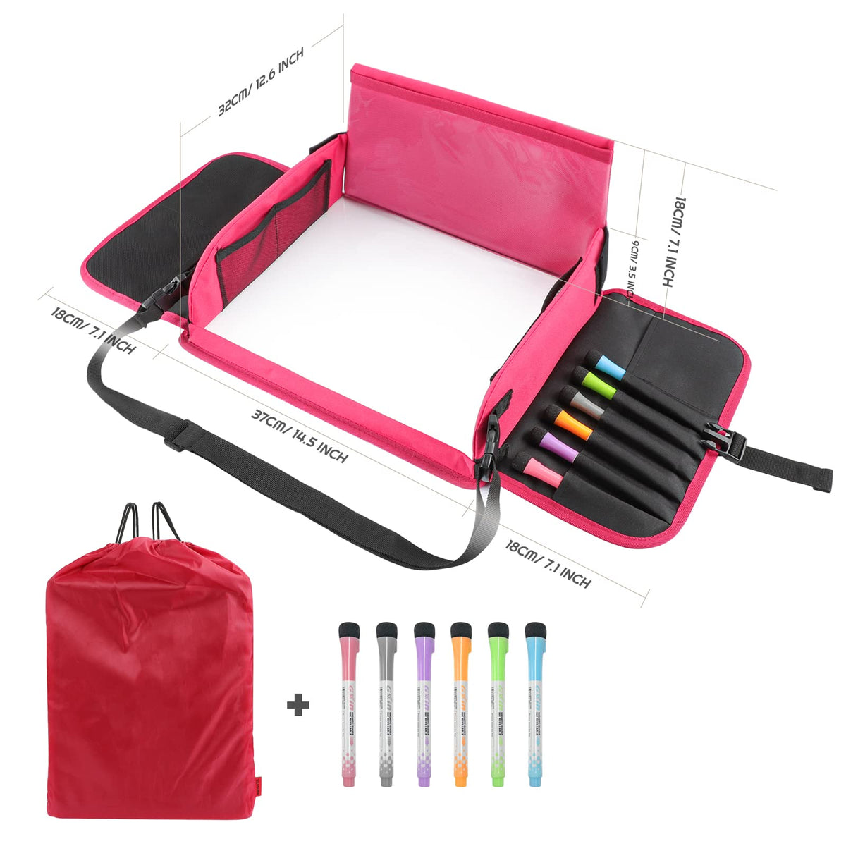 INFIVITA Lap Tray Travel Table Tray for Children Play with Erasable Drawing Board & 6 Colored Pencils for Play and Dining Table Play Table Car Seat Table for Buggies, Strollers, Car, Plane, Train