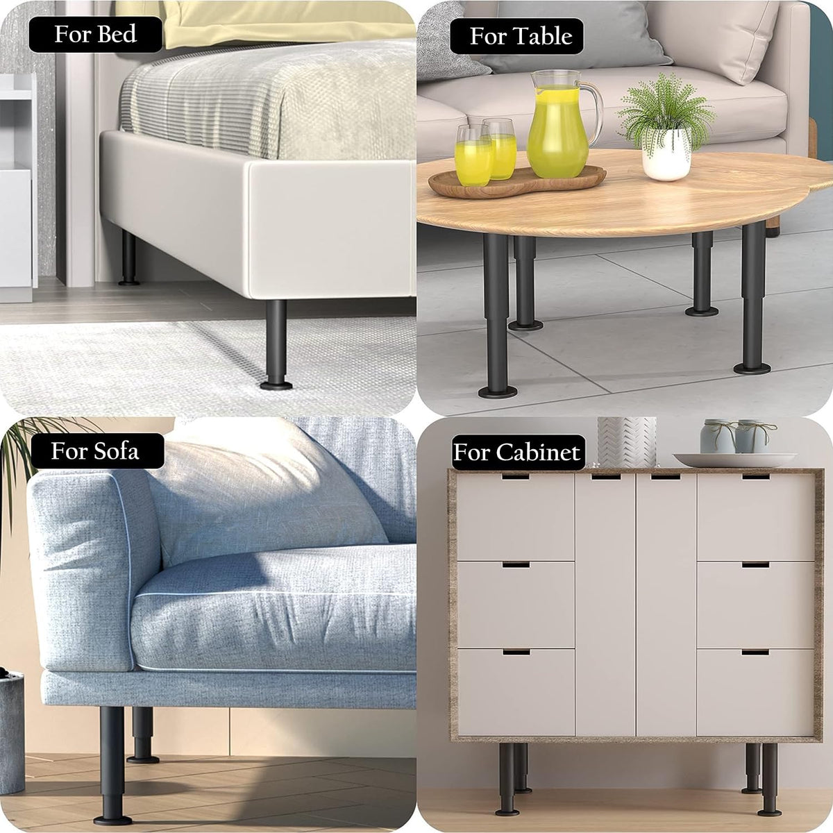 Picioare metalice reglabile pentru mobilier înălțime 8–12 cm antiderapante, set 6 bucăți – Negru