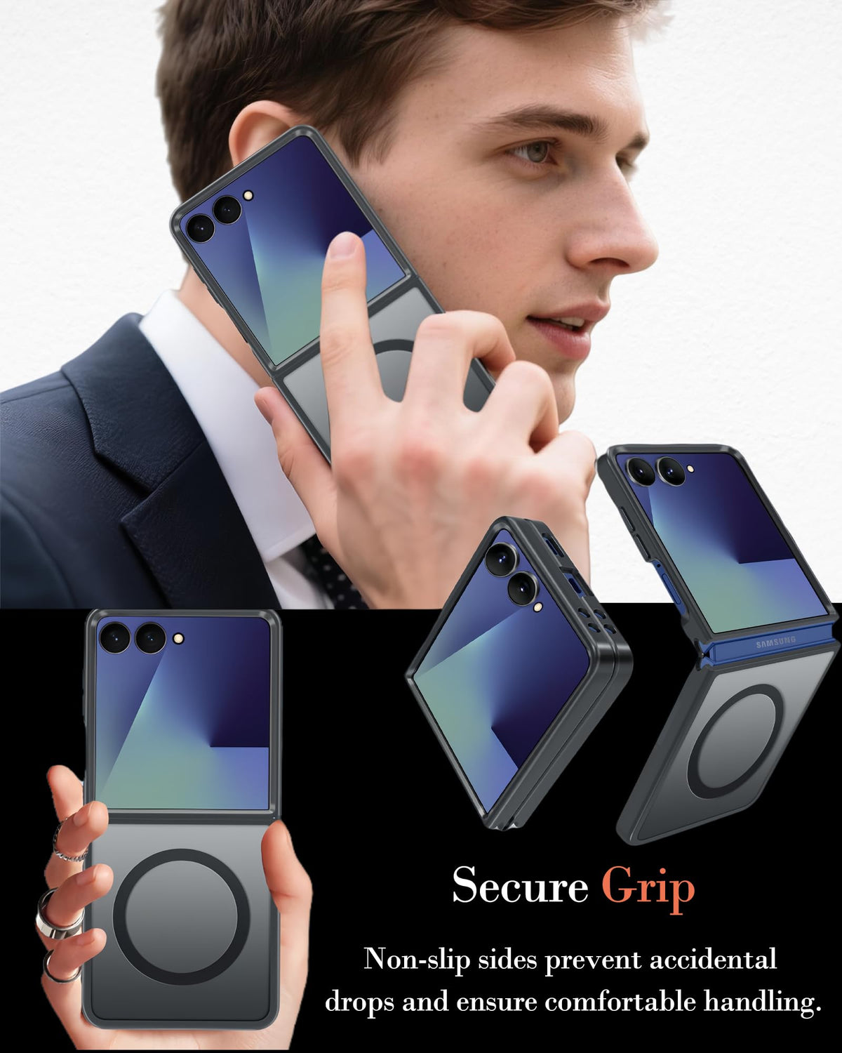 Husă antisoc militară subțire mată cu inel magnetic pentru Samsung Galaxy Z Flip 7 – Negru