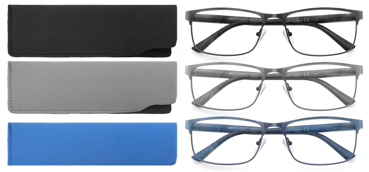 MODFANS 3 Pack Reading Glasses Men Blue Light Filter Metal Frame Rectangle Style Stainless Steel Material