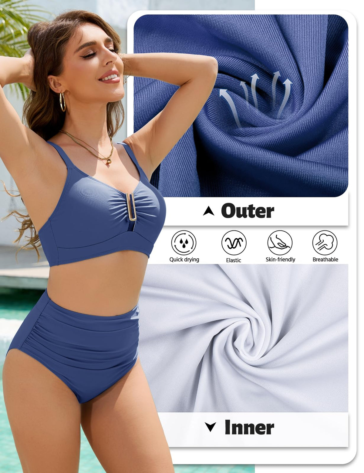 Women's High-Waist Tummy Control 2-Piece Push-Up Swimsuit U-Neck