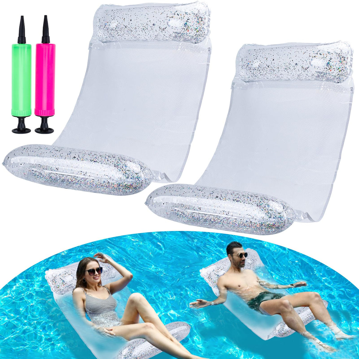 CYFIE 2 Pack Pool Floats for Adults, Water Hammock Pool Floats with 2 Air Pumps, 4 in 3 Inflatable Pool Floats, Water Hammocks for Adults for Ocean Parties