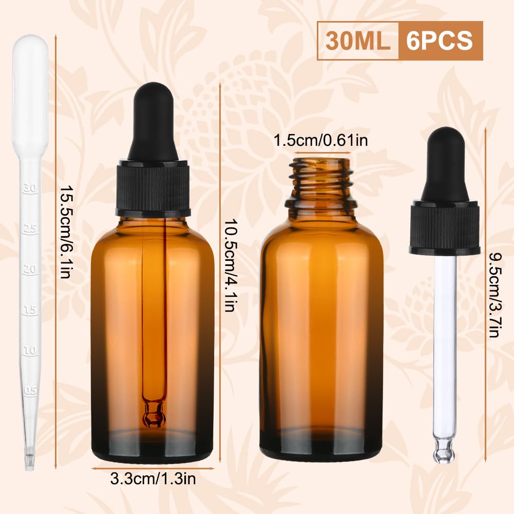 Amber glass dropper bottles 30ml pack with droppers & funnel accessories – 30ml 6-pack