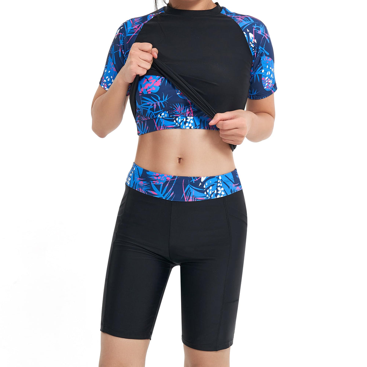 Set costum de înot damă 3 piese protecție UPF50+ cu tricou și pantaloni scurți – Roșu L